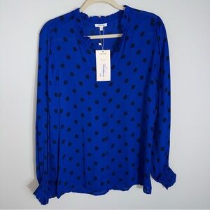 Tyler Boe Long Sleeve Pullover Blouse-Blue Black Polka Dot-Ruffle Neck-Small-NWT